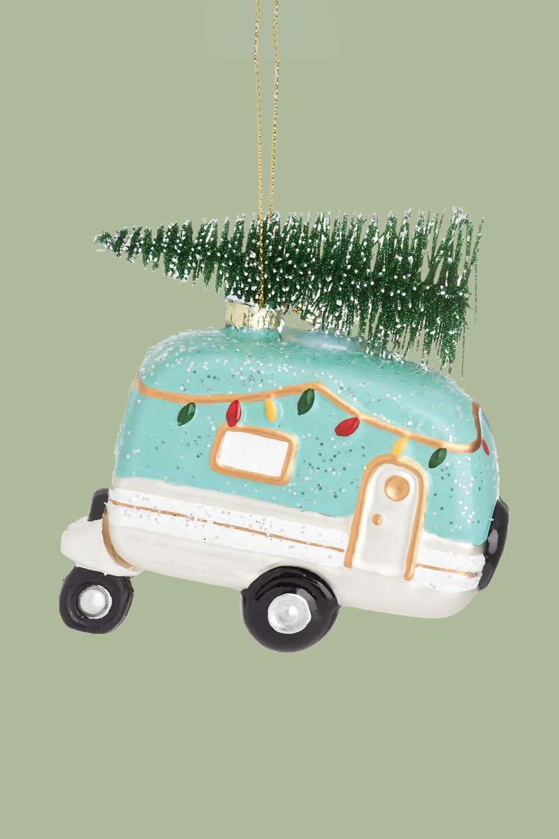 Kerstbal Mint Green Camper With Tree 2