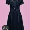 Western Denim Swing Dress With Embroidery Dark Blue Wash Queen Kerosin 1
