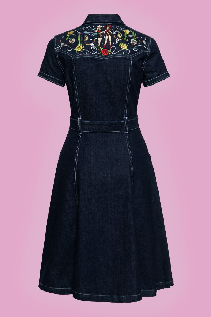 Western Denim Swing Dress With Embroidery Dark Blue Wash Queen Kerosin 2